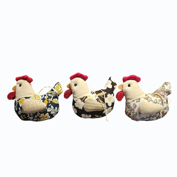 3 Fabric Chicken Ornaments Multicolor Floral Patterns Rustic Farmhouse Style - Picture 3 of 11